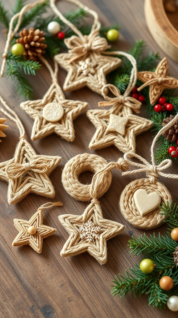 DIY Jute Christmas Ornaments Handmade jute Christmas ornaments in different shapes on a wooden table with pine branches.